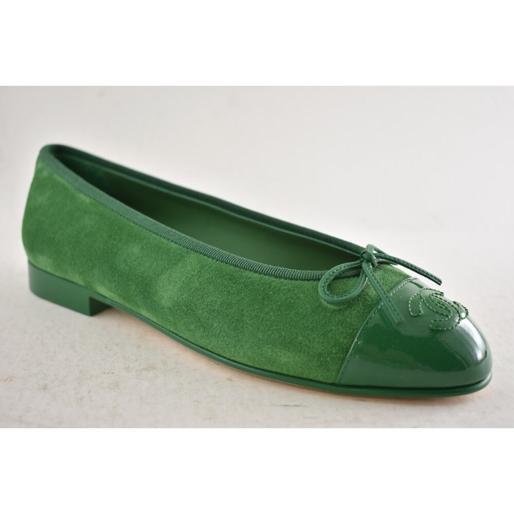 Chanel 26A Green Suede Patent Leather CC Logo Bow Tie Ballet Ballerina Flat 36 - Picture 6 of 16